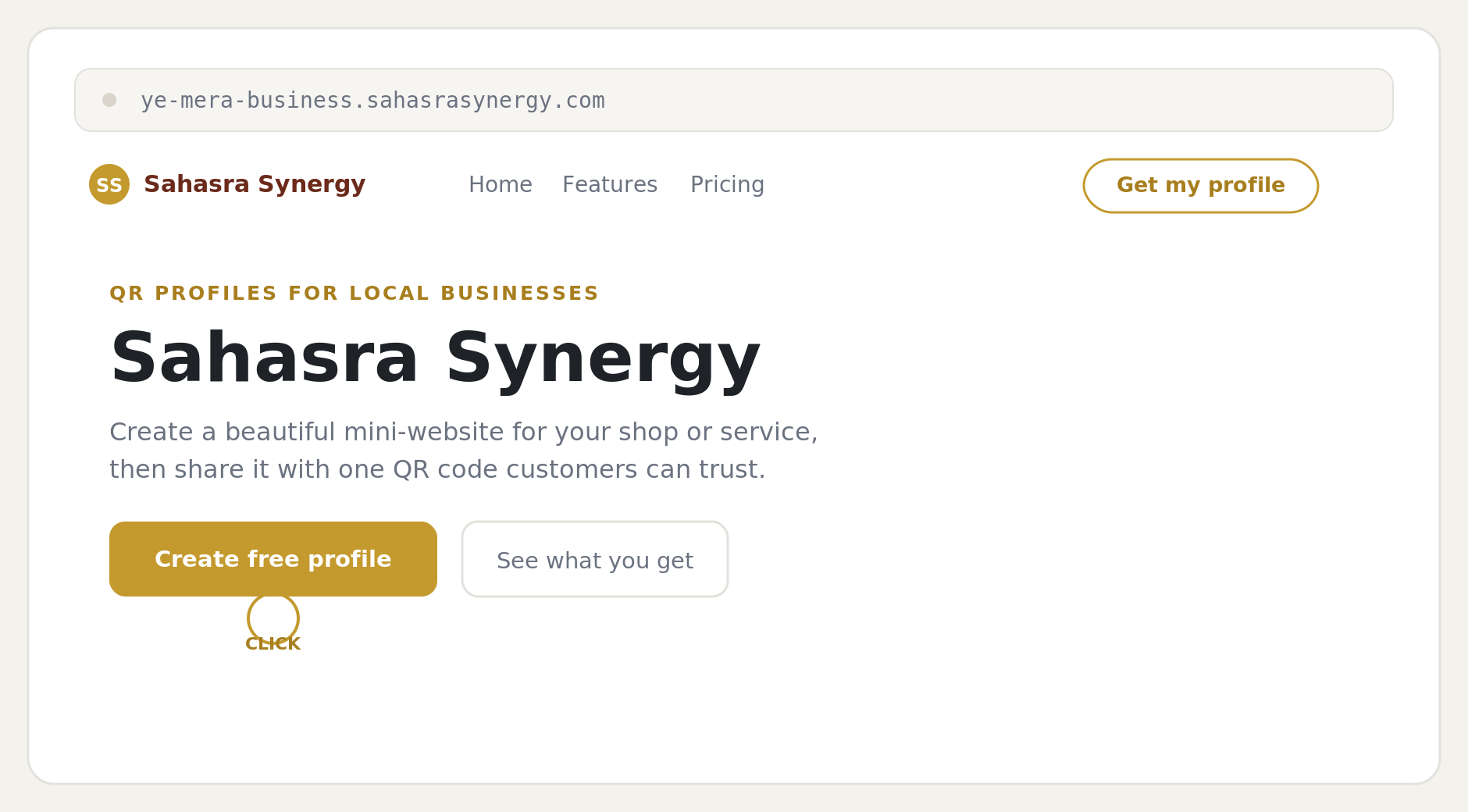 The homepage — click "Create free profile" to begin.