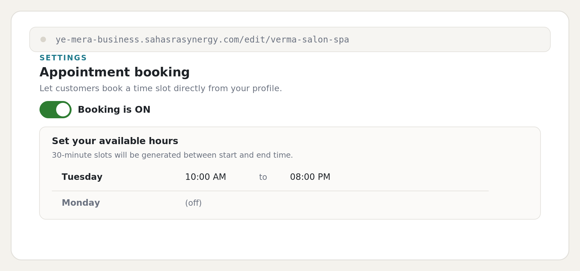 Turn booking on and set your available hours.